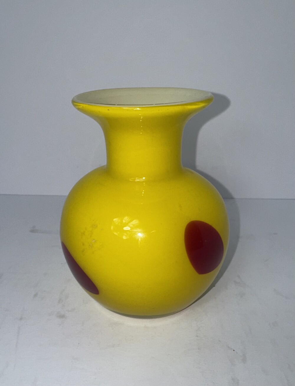 Yellow Glass Vase with Red Dots Decorative Vintage Style